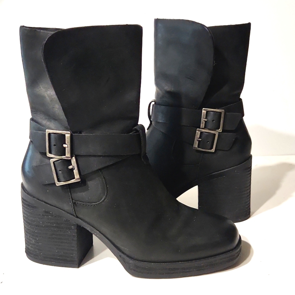 Kork-Ease Meegan Black Leather Platform Mid Shaft Moto Boots Size 9